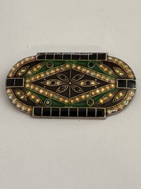 Vintage Art Deco Pierre Bex Style Metal, Rhinestone, and Enamel Brooch Green